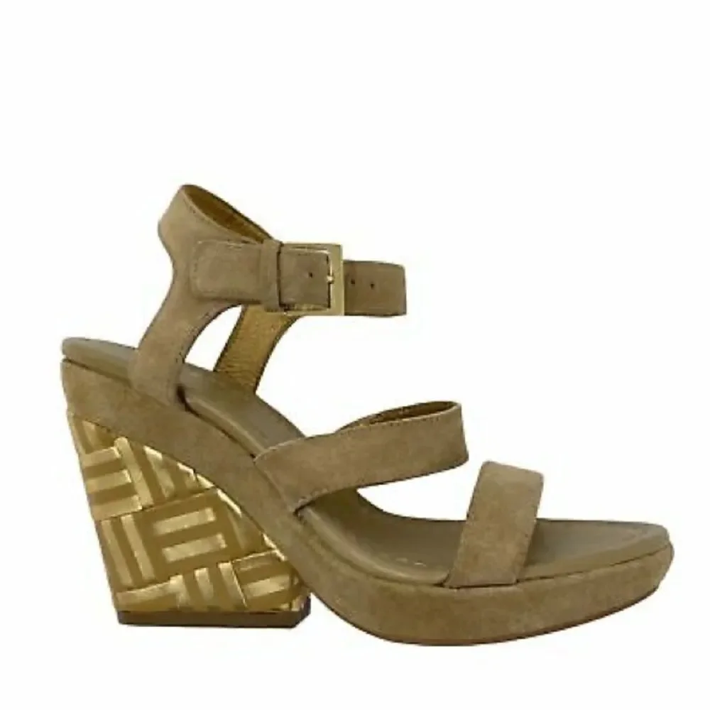 KATE SPADE New York Farryn Beige Gold Suede Geometric Wedge Espadrilles